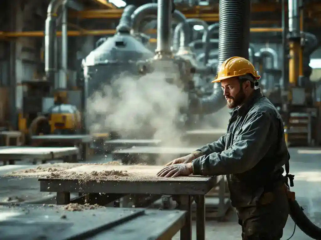 Industriële werker in beschermende kleding bedient stofafzuigsysteem in productiefaciliteit met zichtbare stofdeeltjes