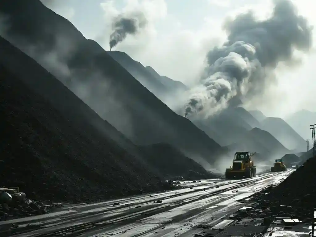 Grote industriële kolenstapel met stofwolken, zware machines en bulldozers in havenomgeving met zwevende deeltjes