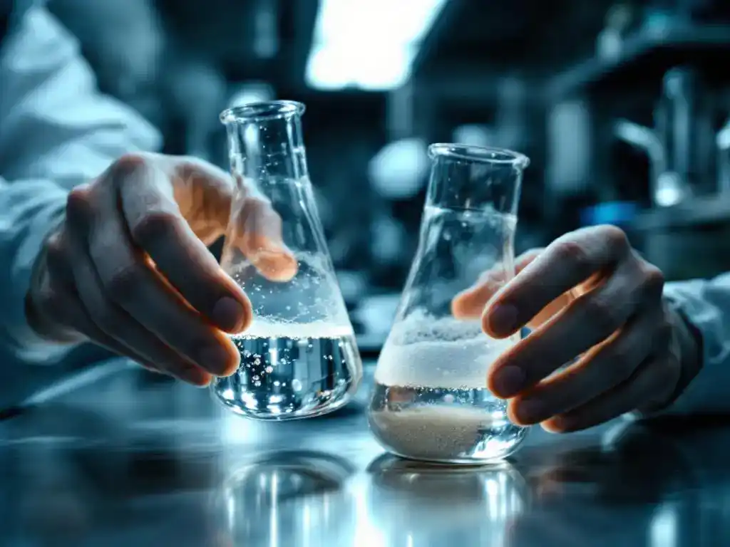 Laboratoriumtechnicus onderzoekt twee glazen bekers met kristalvorming en schuimbellen op werkbank