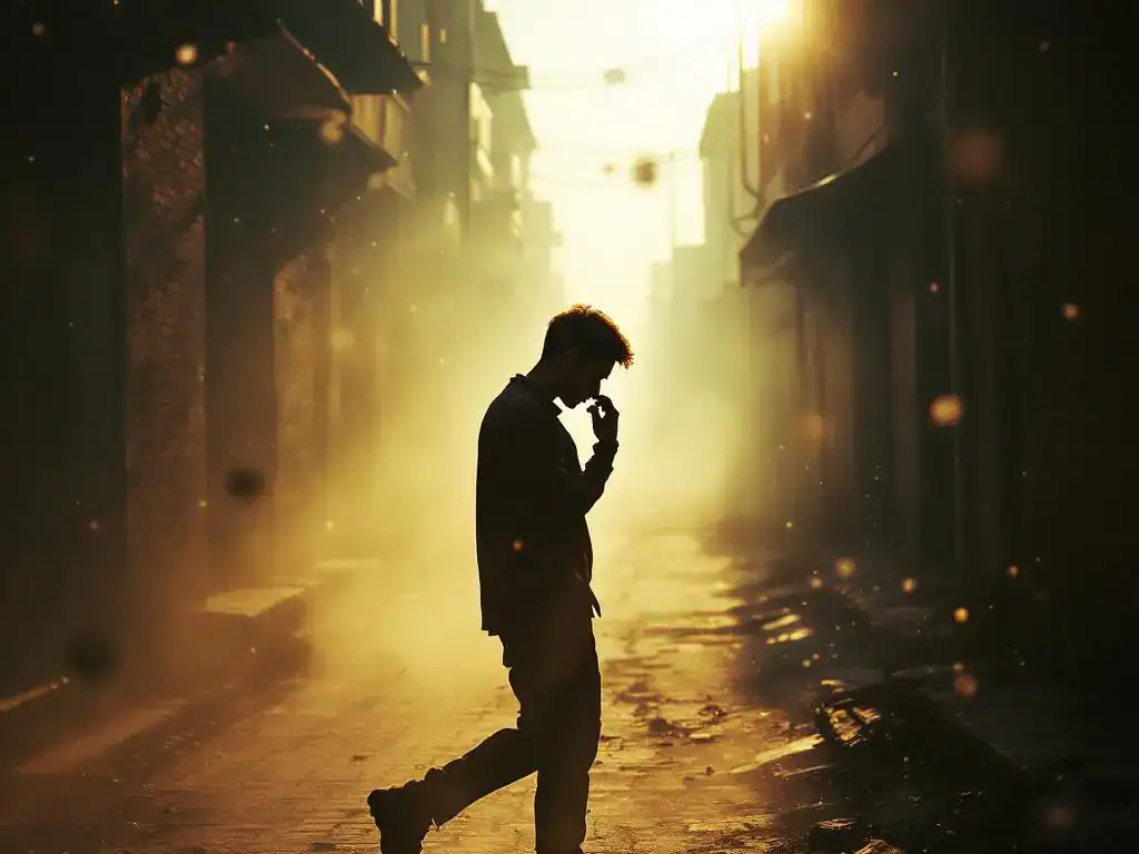 Persoon bedekt neus en mond terwijl hij door stoffige, besmogde stadsstraat loopt tijdens gouden uur