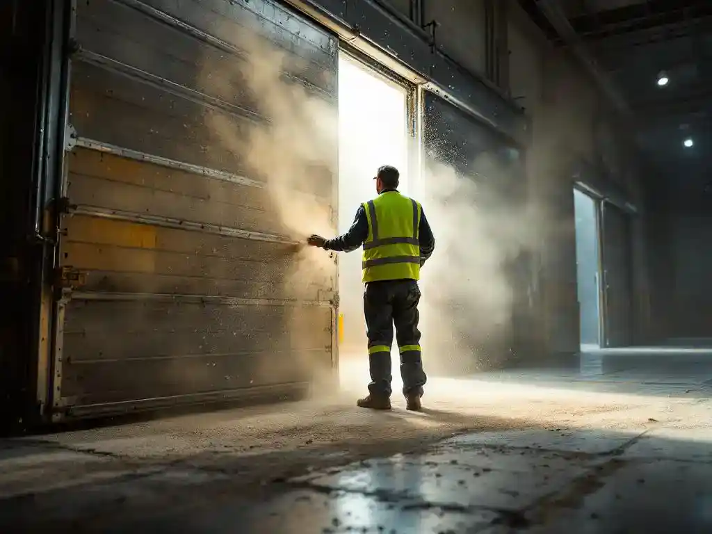 Magazijnmedewerker in veiligheidsvest sluit grote industriële schuifdeuren terwijl stofdeeltjes in zonlicht zweven
