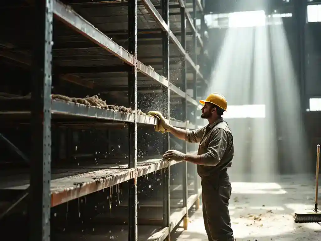 Magazijnmedewerker maakt stoffige metalen stellingrekken schoon in industrieel pakhuis met natuurlijk licht