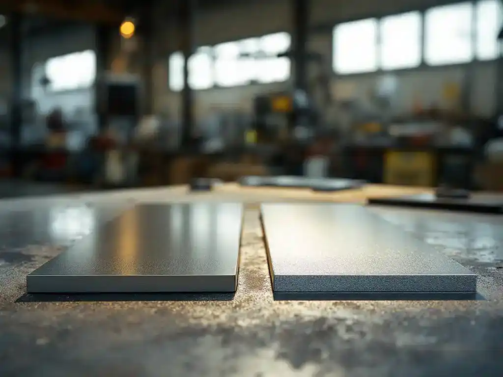 Twee metalen oppervlakken met verschillende coatings op werkbanktafel in industriële werkplaats met natuurlijk licht