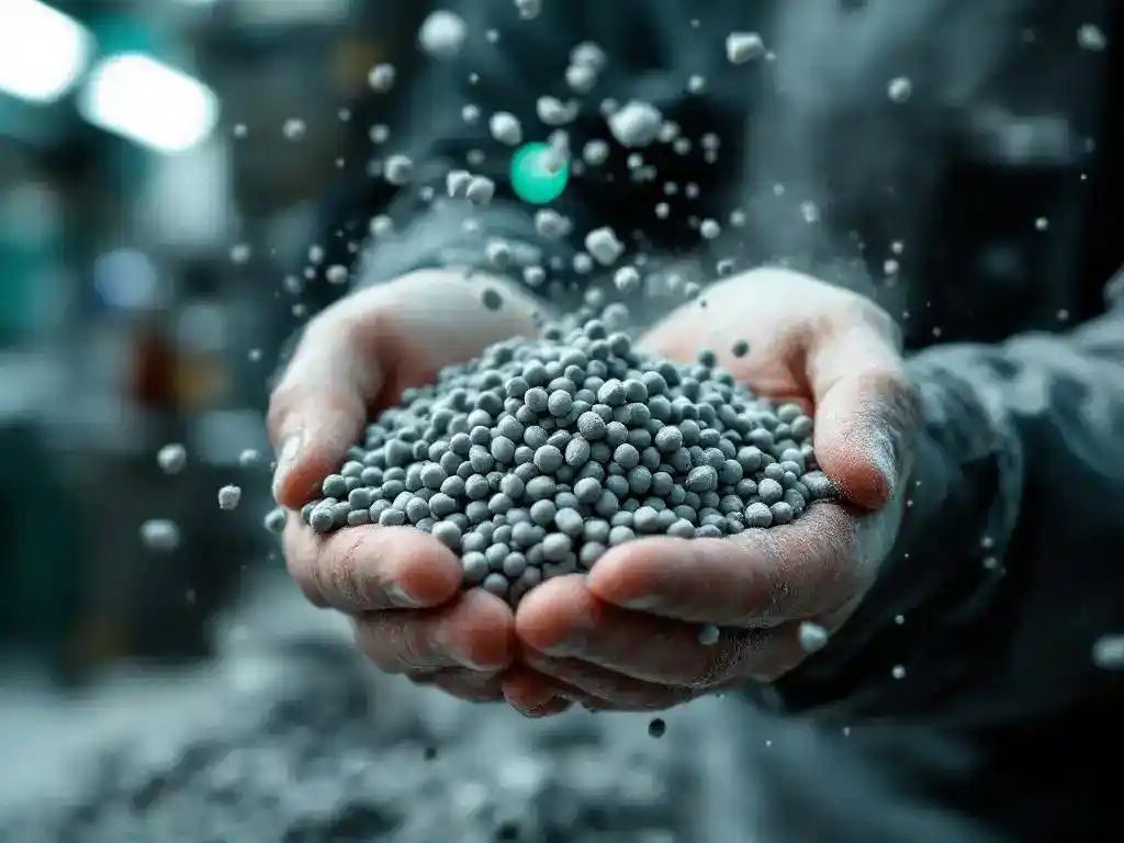Fabrieksarbeider houdt grijze plastic recyclingkorrels vast met stofdeeltjes in de lucht, industriële apparatuur op achtergrond