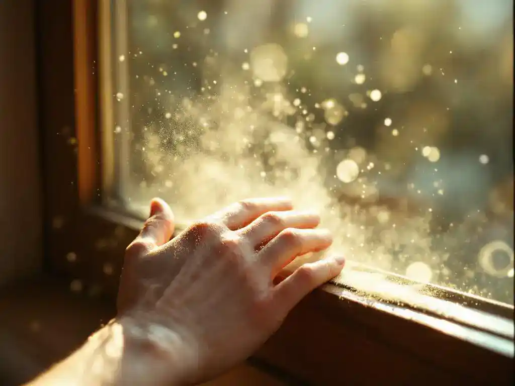 Hand veegt stof van houten vensterbank terwijl zonnestralen stofdeeltjes verlichten in gouden daglicht