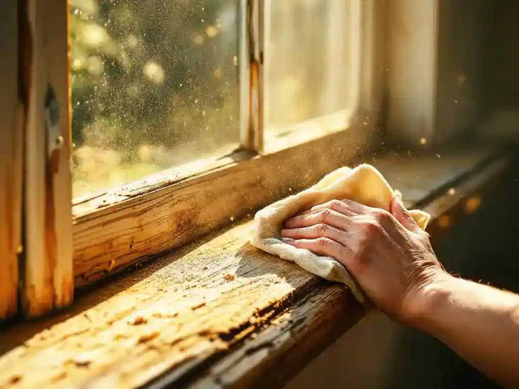 Hand veegt stof van houten vensterbank af terwijl zonlicht door raam schijnt en stofdeeltjes zichtbaar maakt