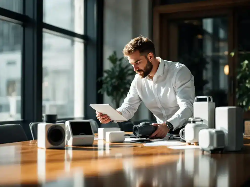 Bedrijfsmanager onderzoekt industriële stofafzuiging en luchtfilteringsapparatuur op conferentietafel in kantoor