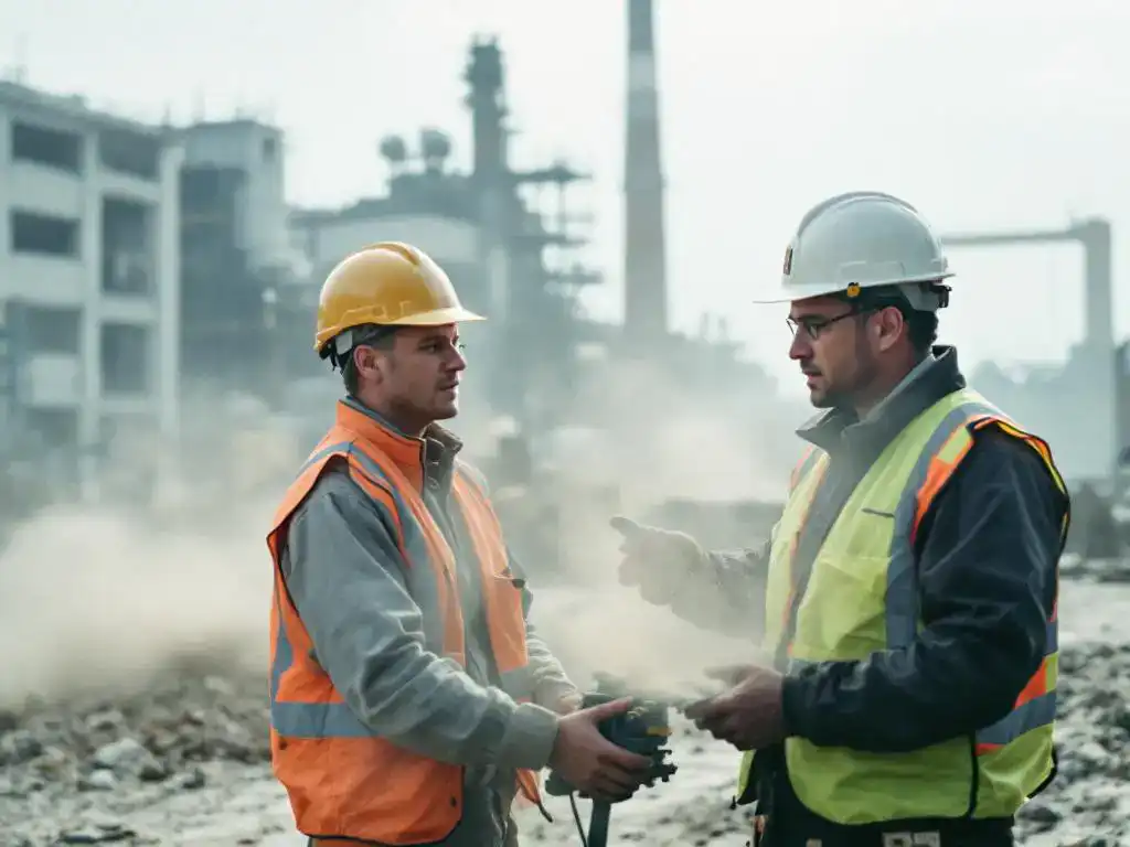 Bouwplaatsmanager in reflecterend vest inspecteert stofbeheersingsapparatuur bij industriële gebouwen met zichtbaar stof