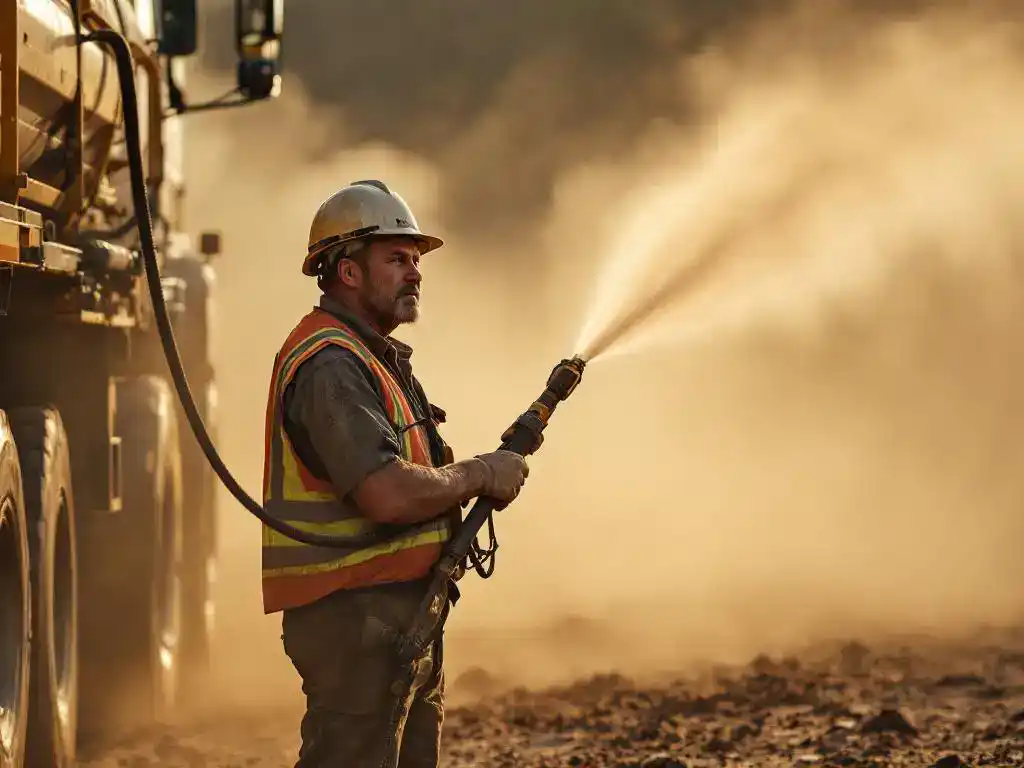 Bouwvakker in hesje bedient watersproeiwagen voor stofreductie op gravelweg, bouwplaats met machines op achtergrond