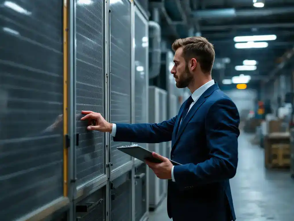 Zakelijke professional in marineblauw pak inspecteert industriële stofafzuigapparatuur in magazijn met klembord