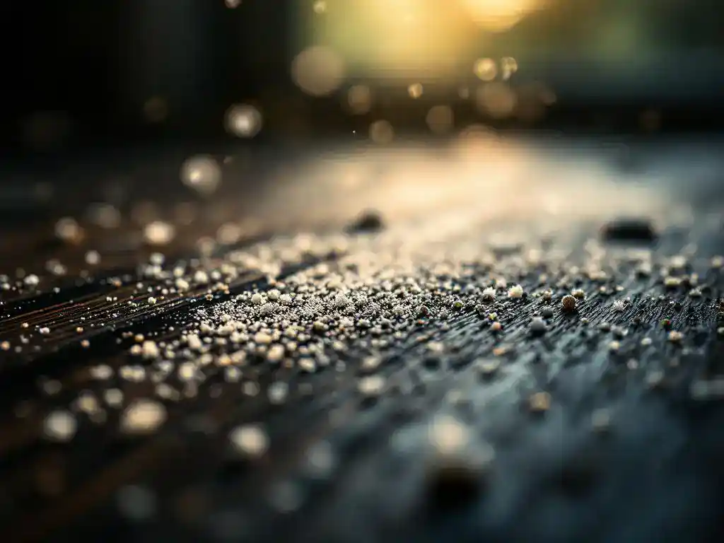 Stofdeeltjes op donker houten oppervlak met vingerafdruk, macro-opname met natuurlijk licht en zachte schaduw