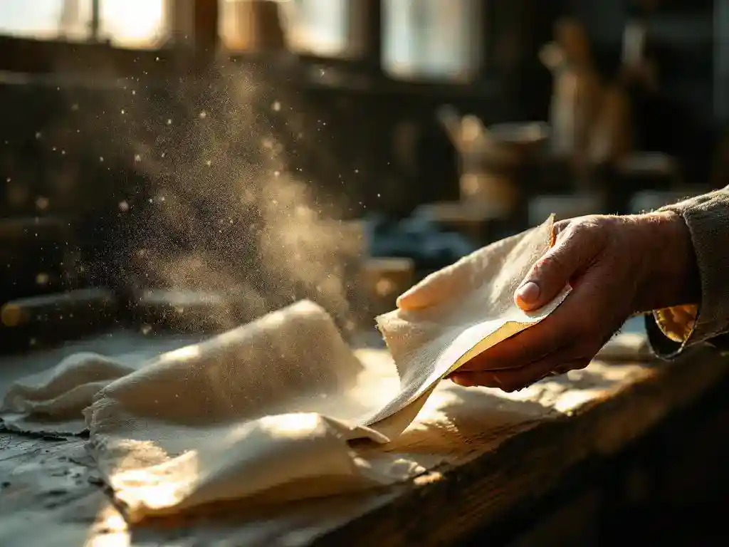 Ambachtsman vergelijkt twee stoffalen in werkplaats, één met stofdeeltjes in zonlicht, ander schoon op houten werkbank