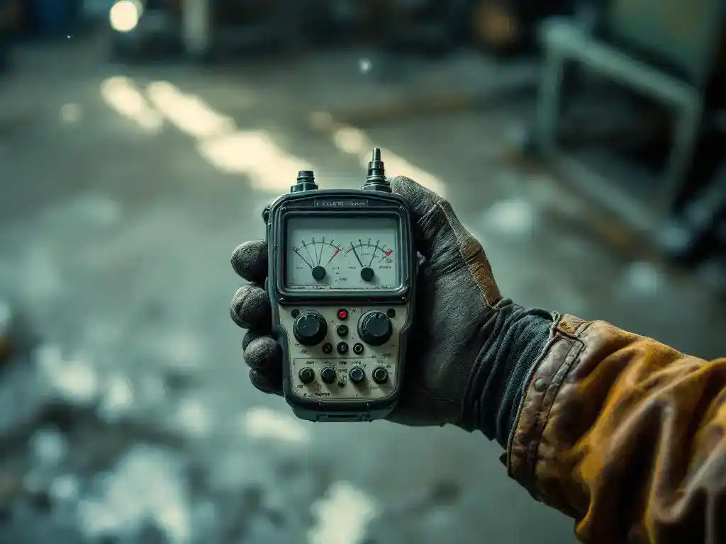 Industrieel ingenieur houdt stofmeetapparaat vast op betonnen fabrieksverdieping met zichtbare stofdeeltjes in de lucht