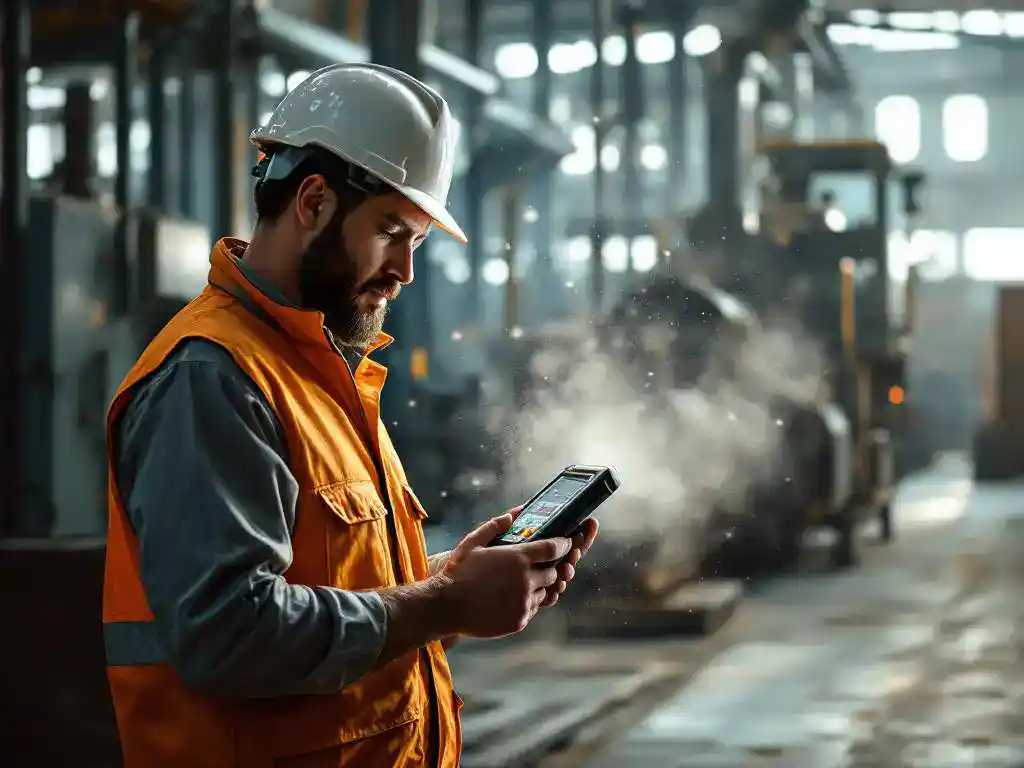 Fabrieksarbeider in veiligheidsuitrusting onderzoekt stofmeetapparaat bij industriële machines met zichtbaar stof