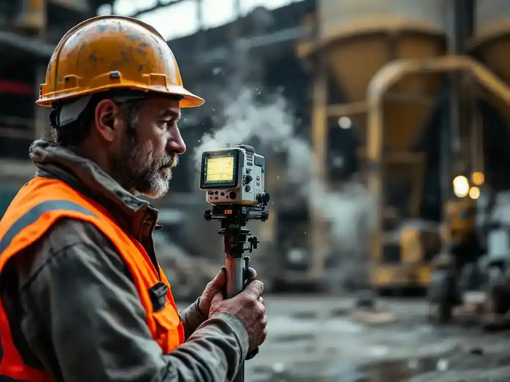 Industriële werker in veiligheidsvest past stofmeetapparaat aan bij cementmixer in fabriek met zichtbare stofdeeltjes
