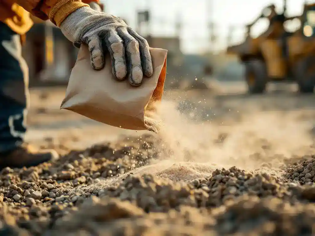 Bouwvakker giet biologisch afbreekbare stofbestrijdingspoeder uit kraftzak op grindconstructieplaats tijdens gouden uur