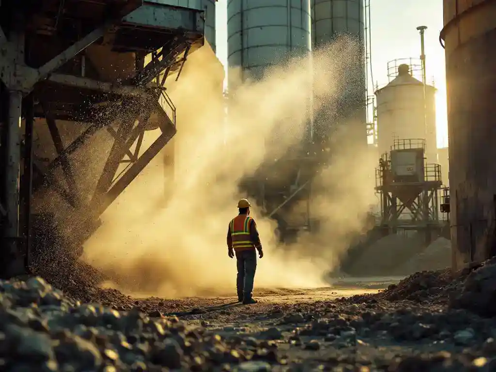 Industriële werker in veiligheidsuitrusting bedient stofsuppressiesysteem bij bulkmateriaal transport naar silo
