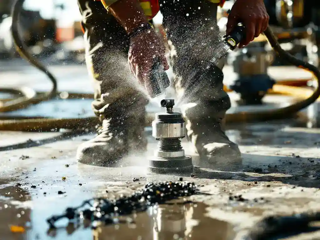 Bouwvakker bedient modern ontstoffingssysteem op betonnen oppervlak, waterdruppels creëren nevel op bouwplaats