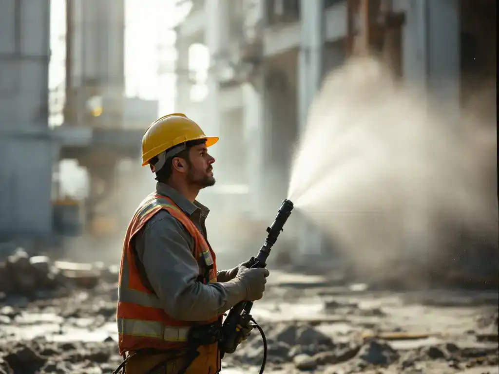 Bouwvakker bedient professioneel sproeiersysteem om stof te onderdrukken op industriële bouwplaats met machines
