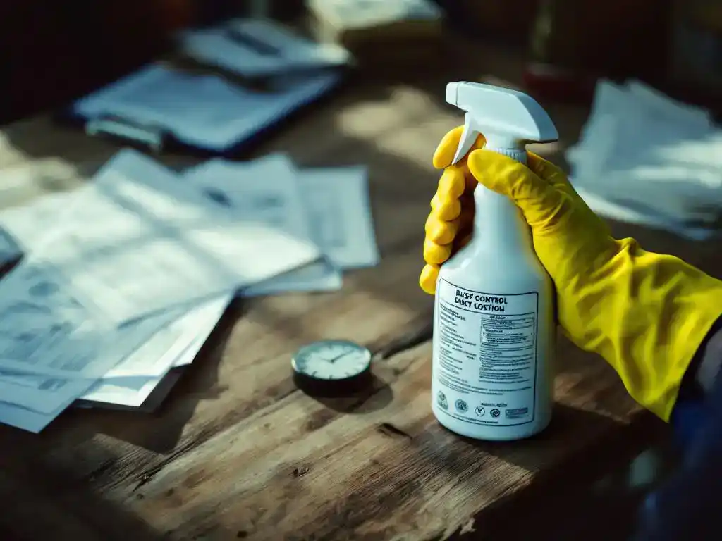Hand in gele schoonmaakhandschoen leest etiket van stofbestrijdingsspray op houten bureau met veiligheidsdocumenten