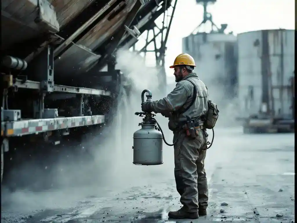 Vrachtwagenchauffeur bedient handmatig stofsuppressiesysteem tijdens lossen van bulkmateriaal op industriële kade