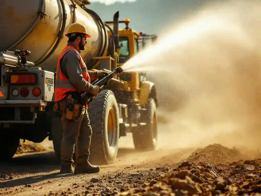 Bouwvakker bedient watertruck die fijne nevel sproeit op stoffige grindweg voor stofreductie op bouwplaats