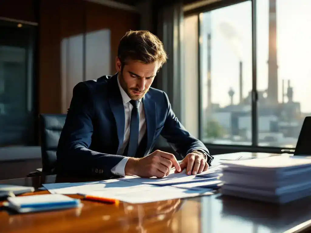 Zakenman in marineblauw pak bestudeert Europese regelgevingsdocumenten aan conferentietafel met fabrieksschoorsteen op achtergrond