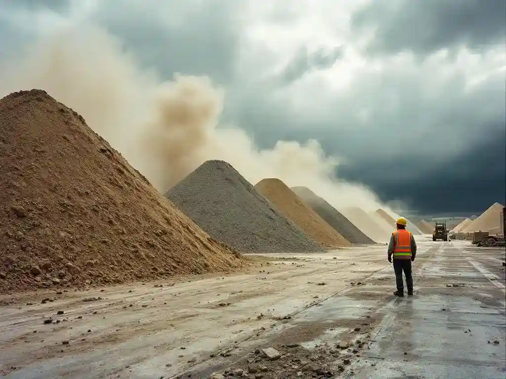 Bouwvakker in hesje observeert zand- en grindhopen in industriële opslagplaats met stofwolken door wind