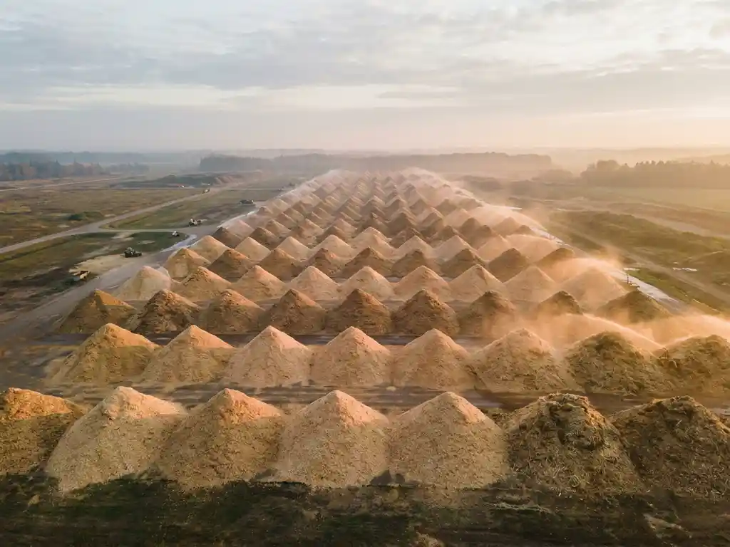 Luchtfoto van een biomassa-opslagterrein met ordelijke rijen houtsniperpalen en een gouden stofonderdrukkingsnevel in het middaglicht.
