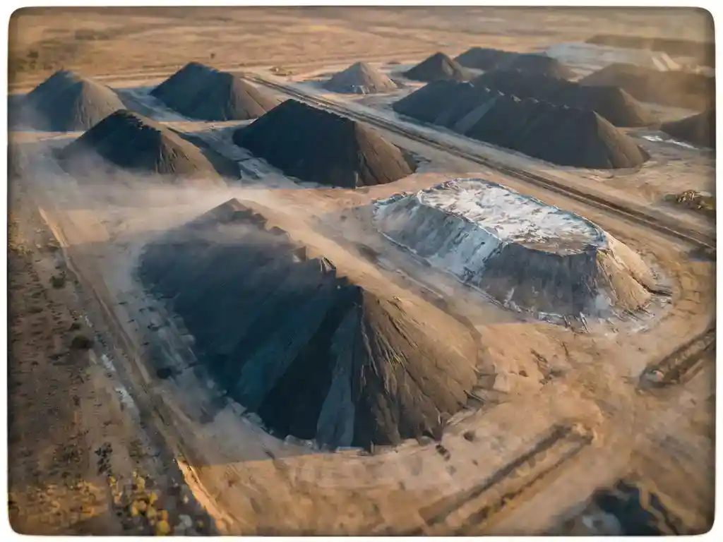 Luchtfoto van grote minerale opslagbulten in een open terrein, met mist en gouden-uurbelichting die lange schaduwen werpt.