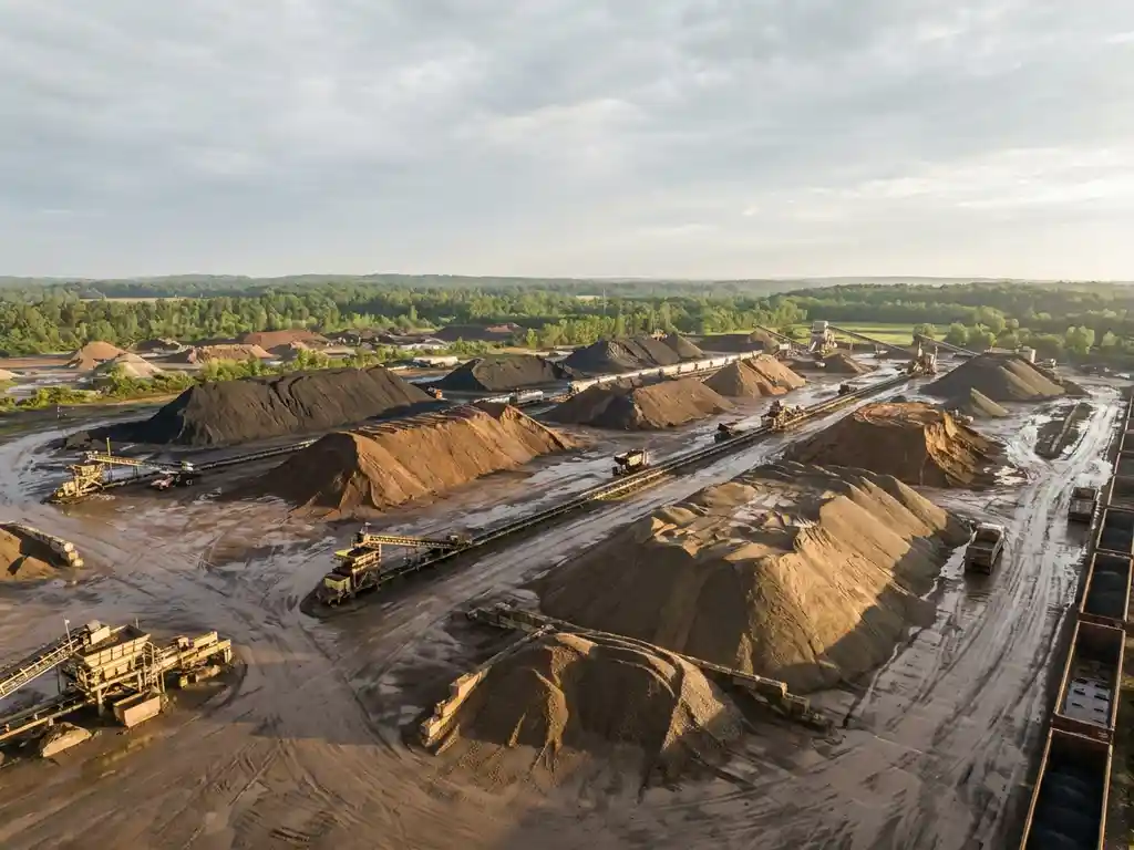 Luchtfoto van een industrieel bulkopslagterrein met grondstapels, stof dat neerdaalt na lichte regen en gouden zonlicht door bewolkte lucht.