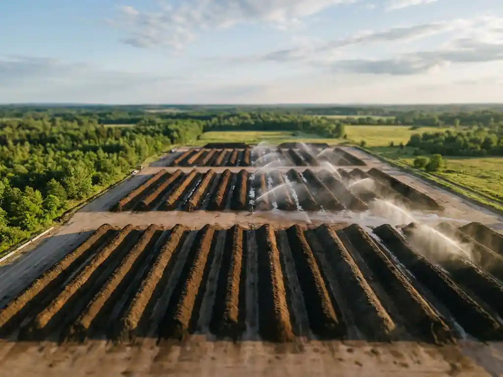 Luchtfoto van een industriële composteerinstallatie met nette rijen donkerbruine compostwindrows besproeid met fijn water.