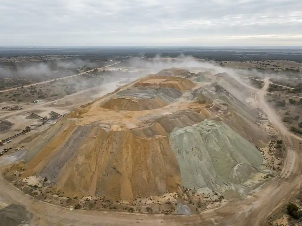 Luchtfoto van een grote industriële opslagberg droog bulkmateriaal in okerbruin en grijs, omhuld door lichte mist onder bewolkte hemel.