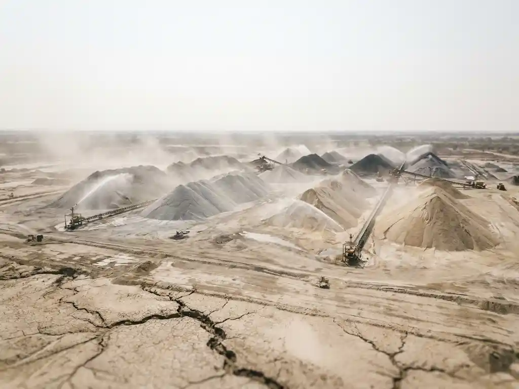 Luchtfoto van droge bulkopslagplaats met stofnevel boven zandkleurige grondstoffen, sprinklers actief op gebarsten, uitgedroogde ondergrond.
