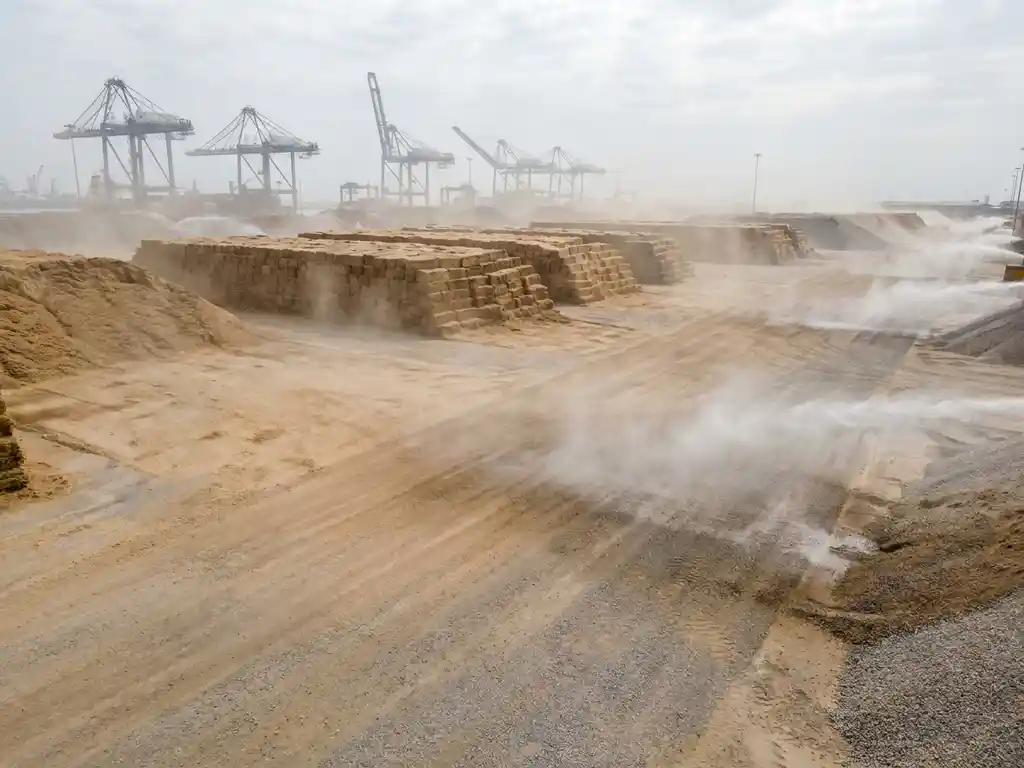 Luchtfoto van een onverharde havenyaard met gestapelde droge bulkmaterialen, waternevel voor stofonderdrukking en industriële havenkranen op de achtergrond.