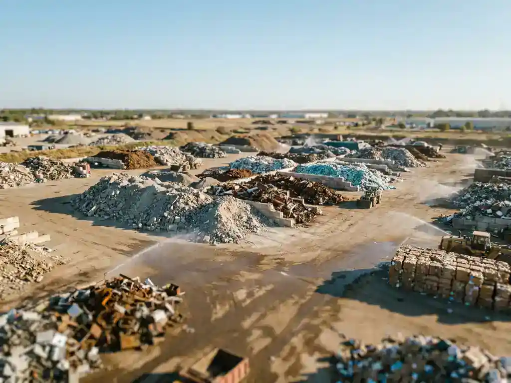 Luchtfoto van een groot recyclingbedrijf met gesorteerde materiaalstapels en een fijne waternevel die stof onderdrukt.