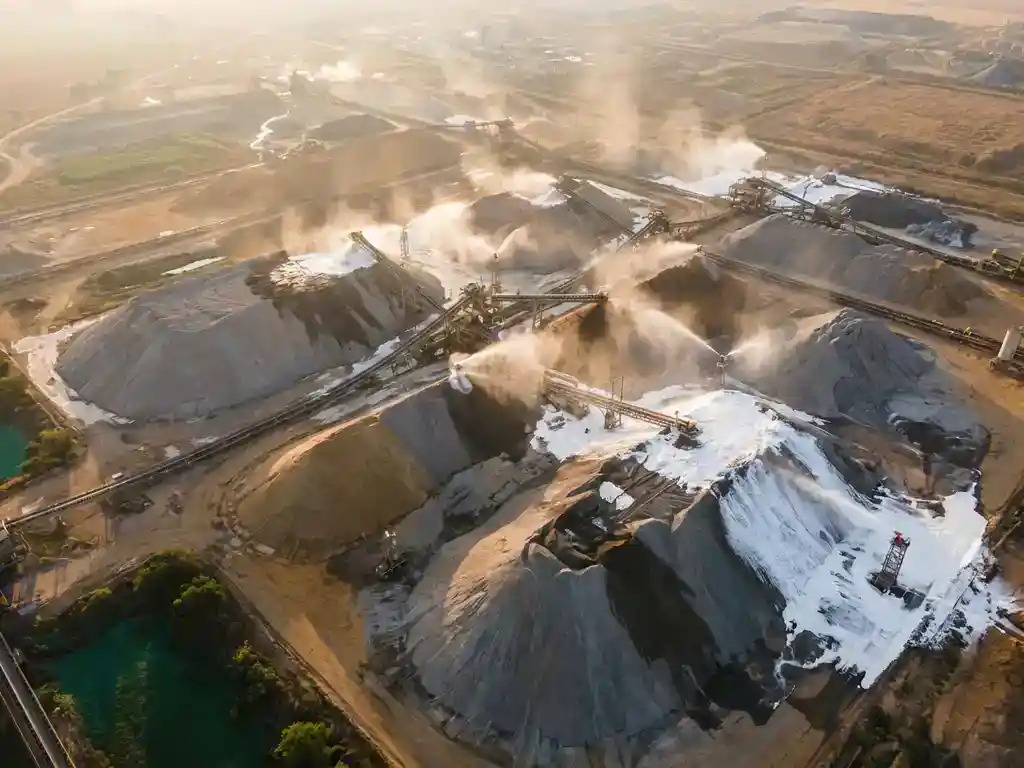 Luchtfoto van industrieel bulkopslagterrein met actieve stofonderdrukking via watermistkanonnen en bevochtigd materiaal in goudgeel middaglicht.