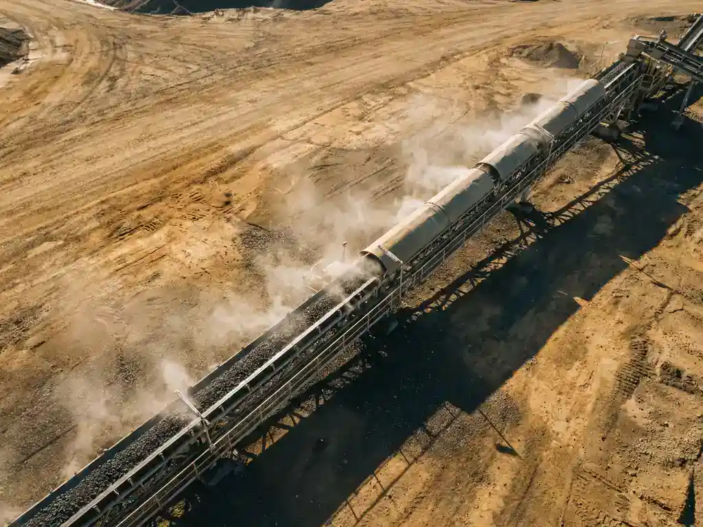 Luchtfoto van industriële transportband met donker bulkmateriaal over open terrein, fijne nevel onderdrukt stof in middaglicht.
